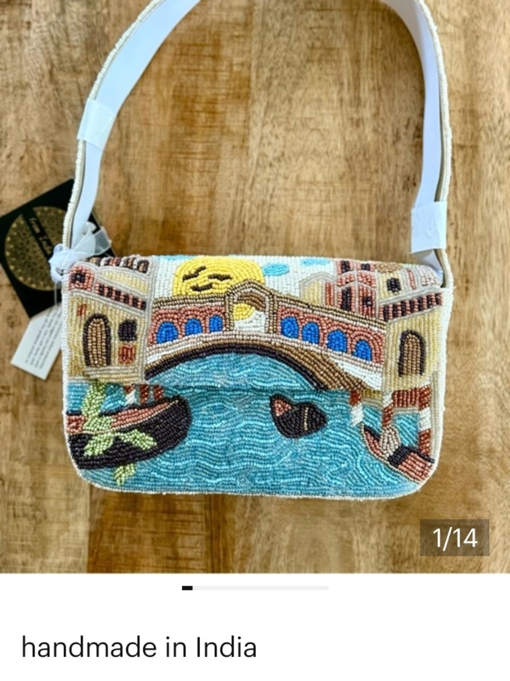 Handmade Beaded Venice/Rialto Bridge Scene Shoulder Bag in White and Blue